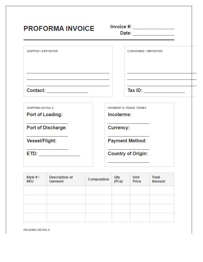 Bulk Garment Shipment Proforma Invoice Template