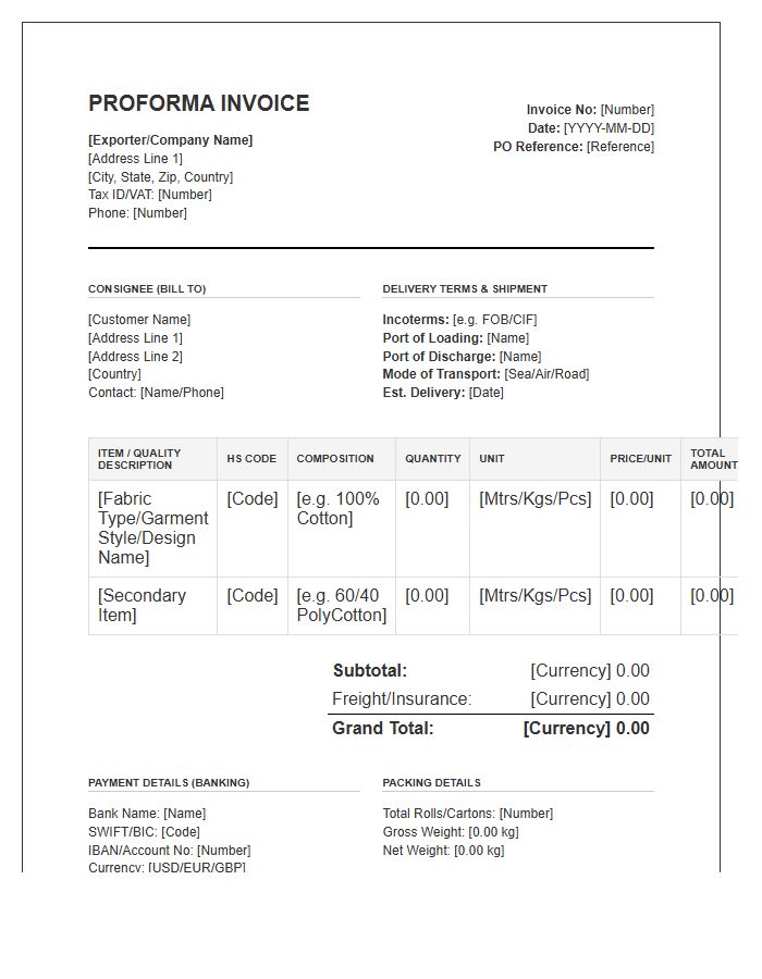 Commercial Textile Export Proforma Invoice Template