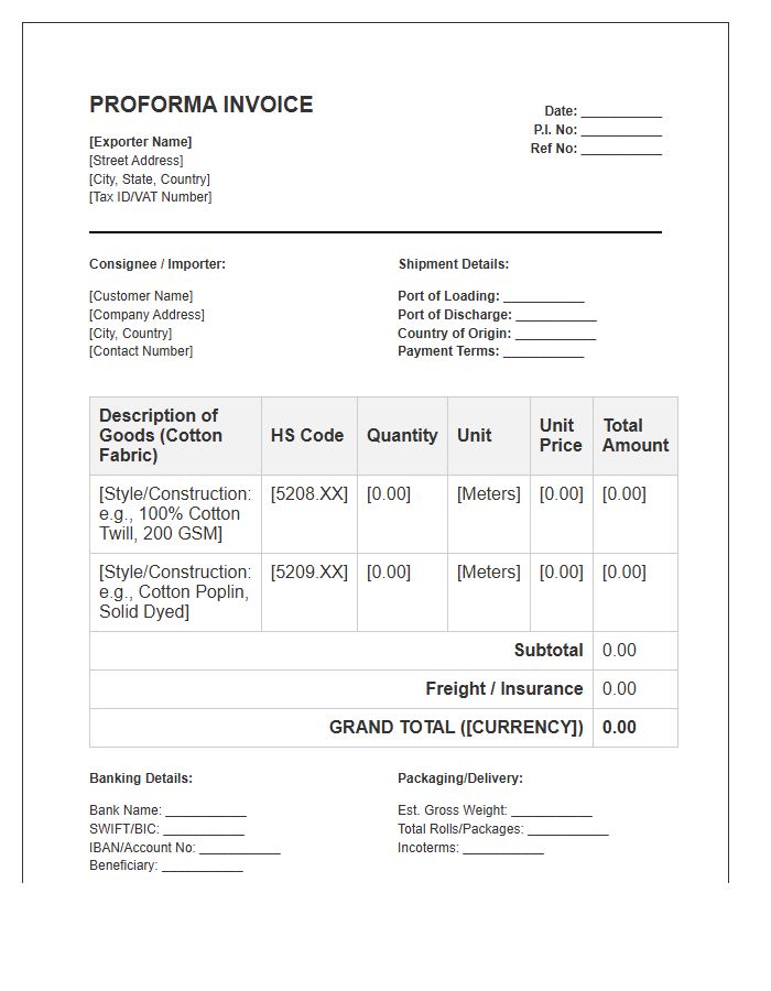 Cotton Fabric Export Proforma Invoice Template