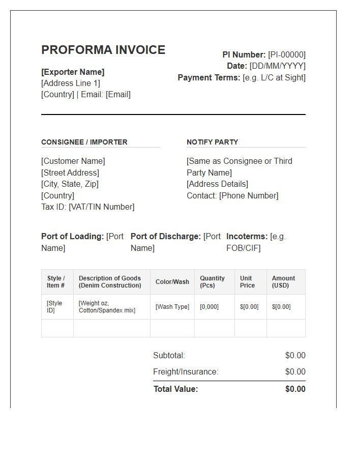 Denim Export Order Proforma Invoice Template