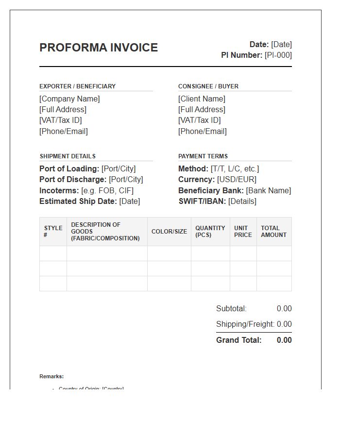 Finished Textile Product Proforma Invoice Template