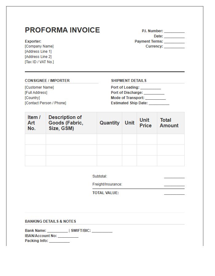 Home Textile Export Proforma Invoice Template