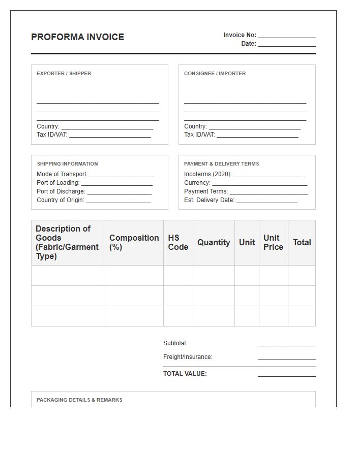 International Textile Shipping Proforma Invoice Template