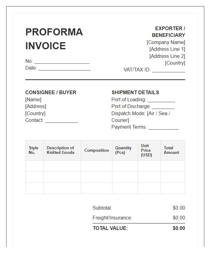Knitted Garment Export Proforma Invoice Template