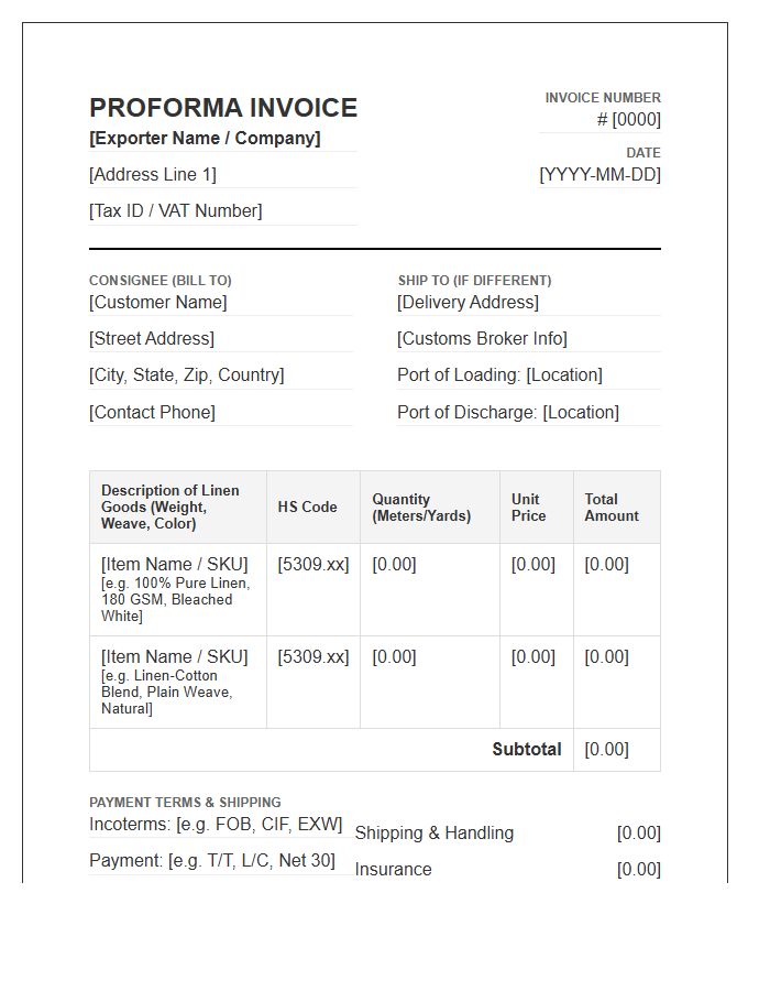 Linen Fabric Shipment Proforma Invoice Template