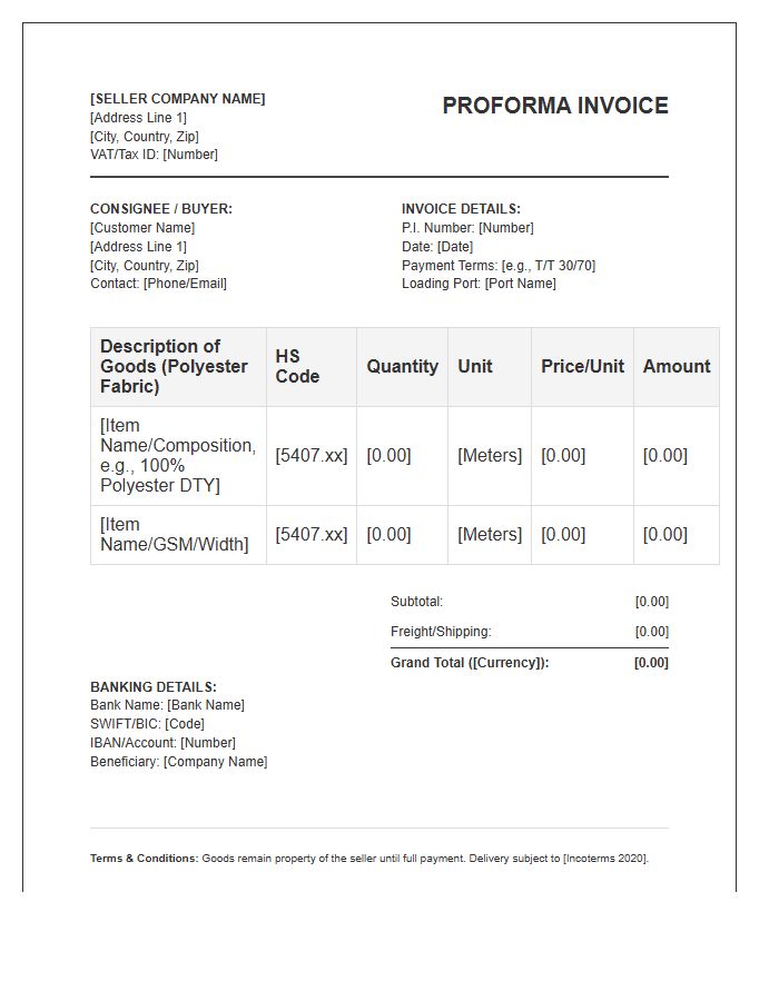 Polyester Fabric Trade Proforma Invoice Template
