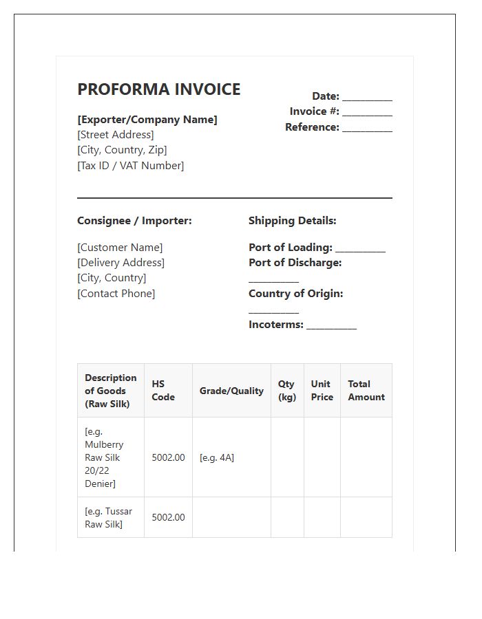Raw Silk Exporting Proforma Invoice Template