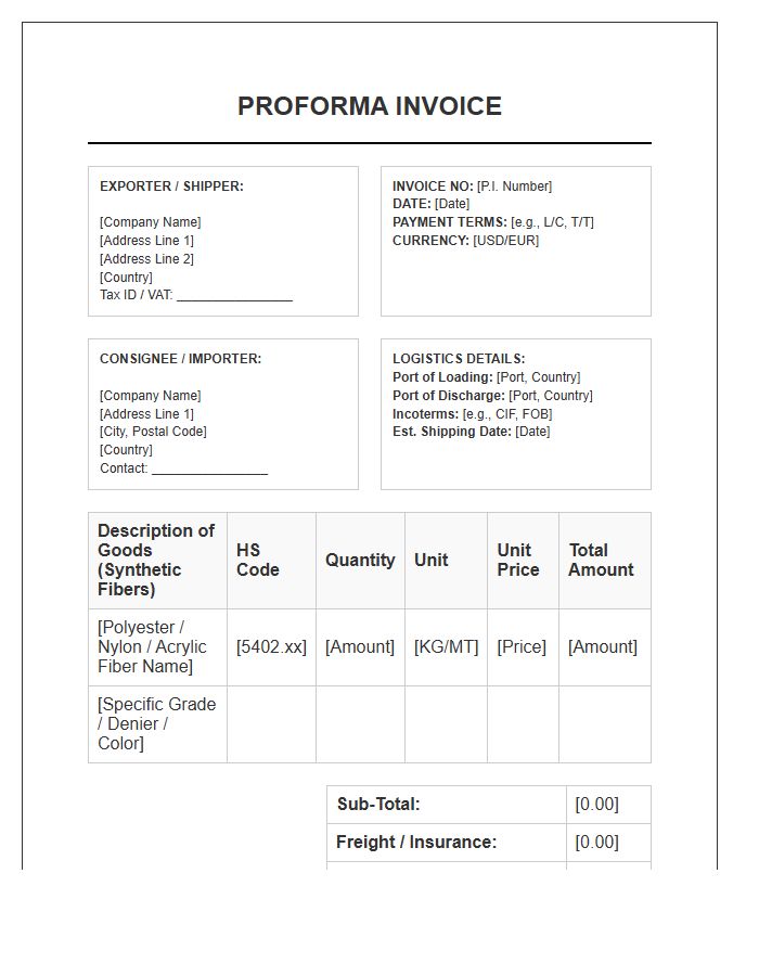 Synthetic Fiber Export Proforma Invoice Template
