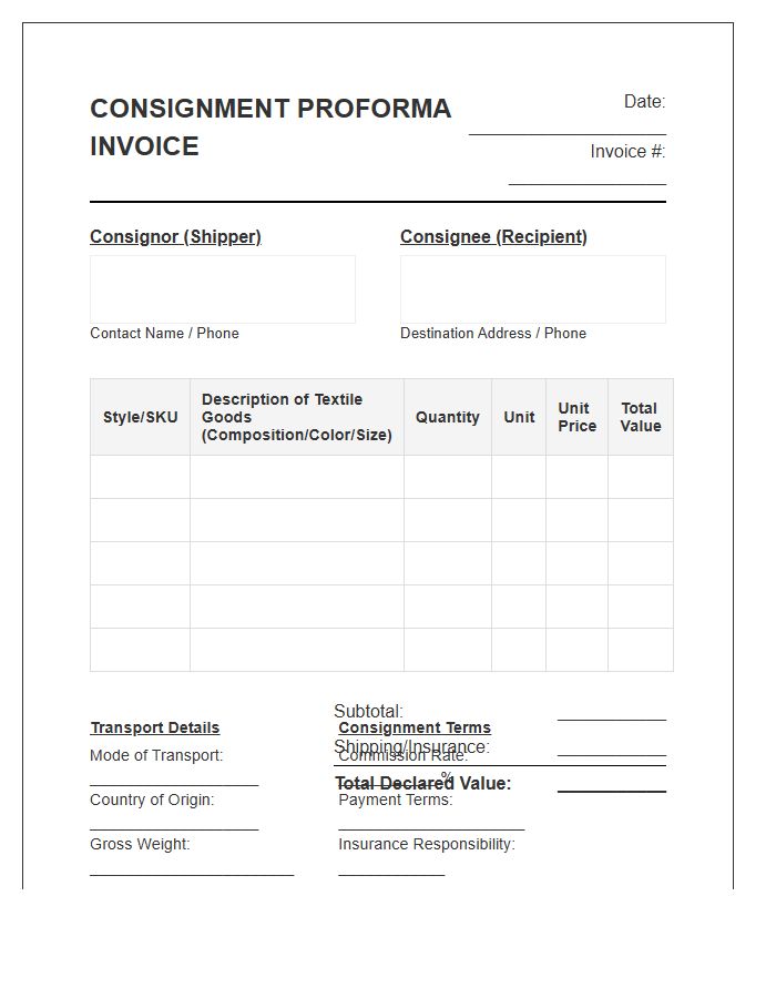 Textile Goods Consignment Proforma Invoice Template