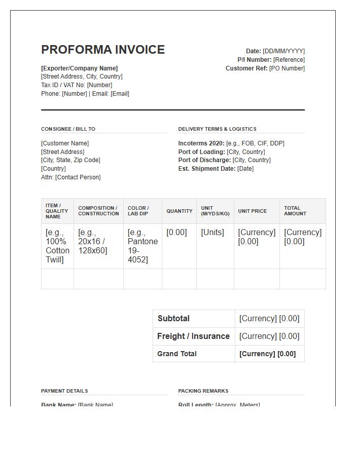 Textile Industry International Proforma Invoice Template