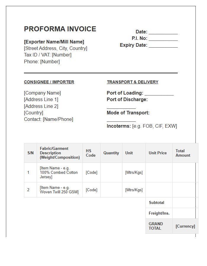 Textile Manufacturing Export Proforma Invoice Template