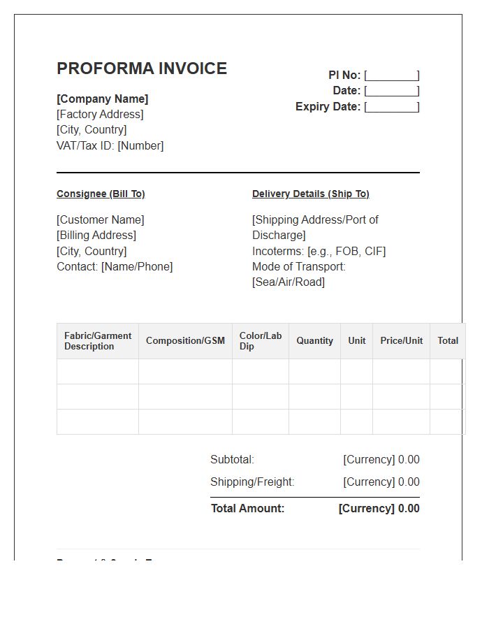 Textile Supply Chain Proforma Invoice Template