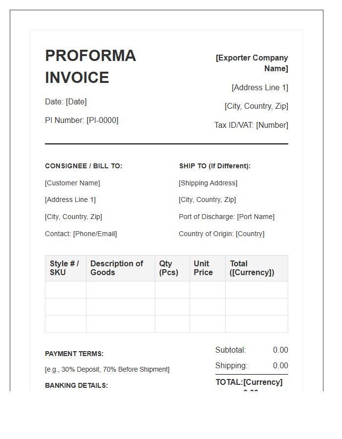 Wholesale Apparel Export Proforma Invoice Template