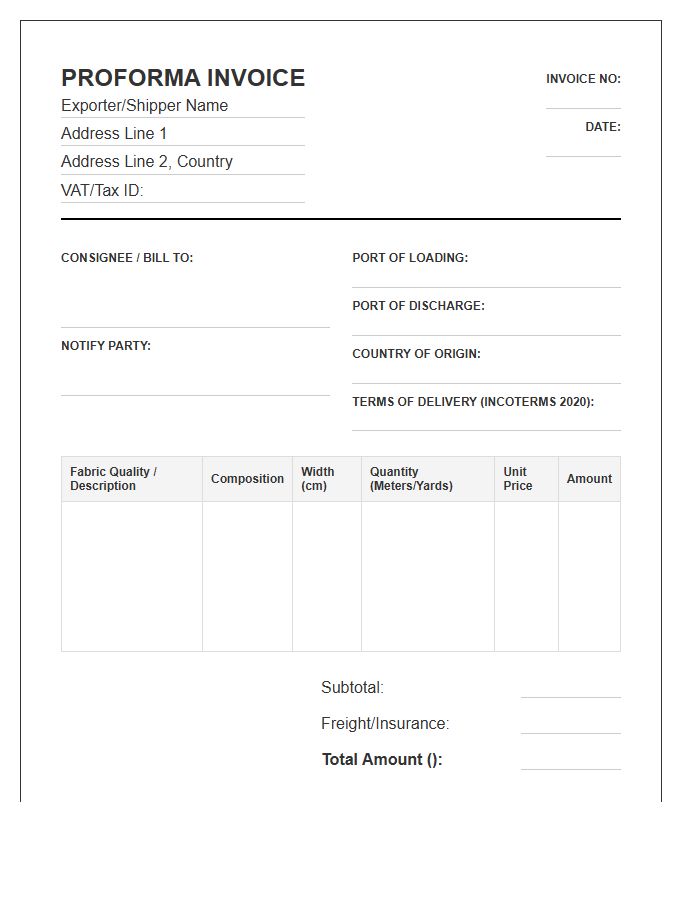 Woven Fabric International Proforma Invoice Template
