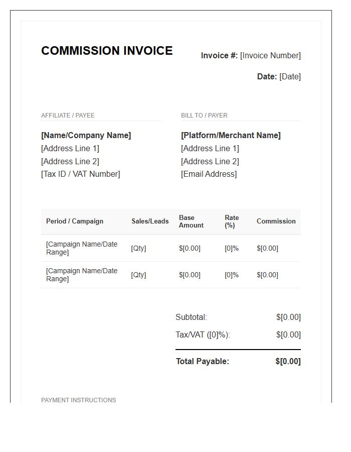 Affiliate Marketing Commission Purchase Invoice Template