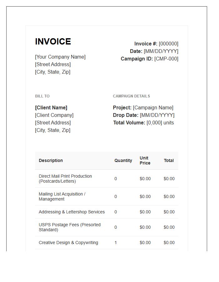 Direct Mail Campaign Purchase Invoice Template