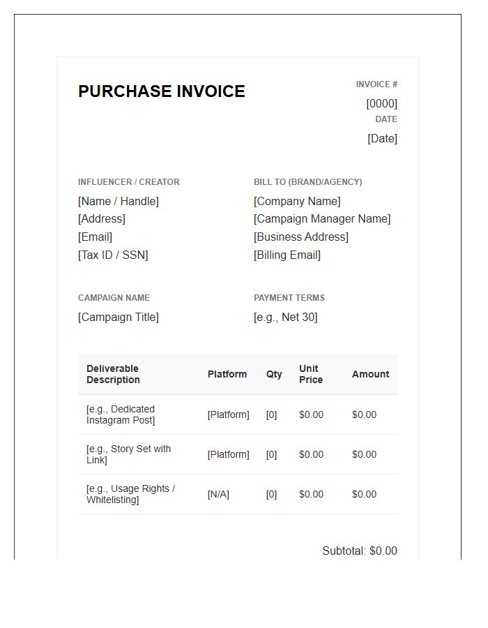 Influencer Marketing Campaign Purchase Invoice Template