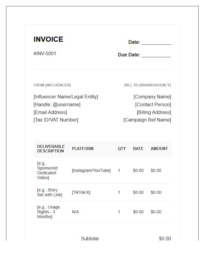 Influencer Partnership Purchase Invoice Template
