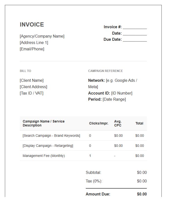 Pay Per Click Advertising Purchase Invoice Template