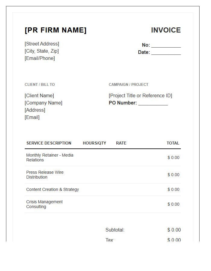 Public Relations Firm Purchase Invoice Template