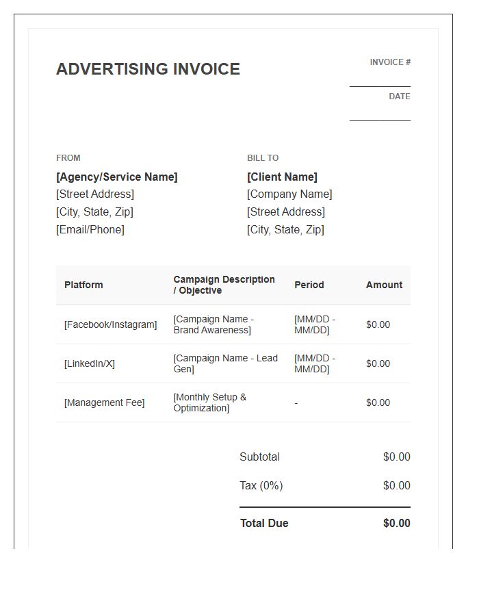 Social Media Advertising Purchase Invoice Template