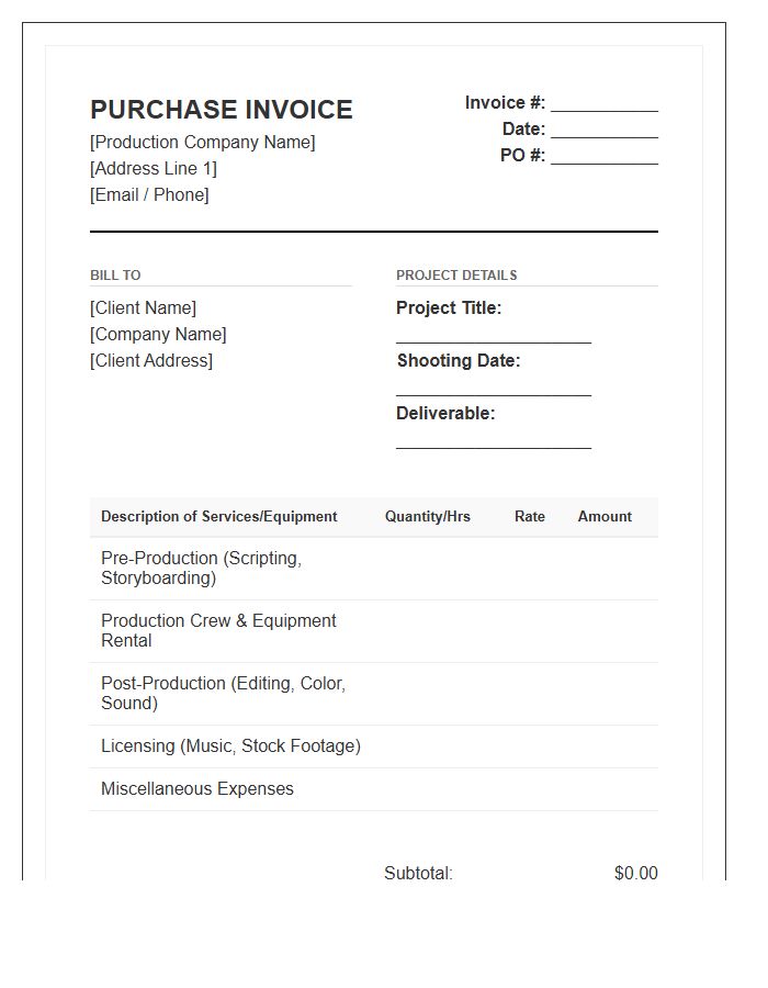 Video Marketing Production Purchase Invoice Template