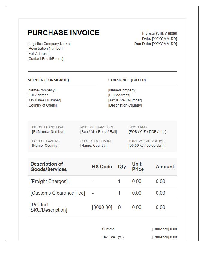 Cross Border Logistics Purchase Invoice Template
