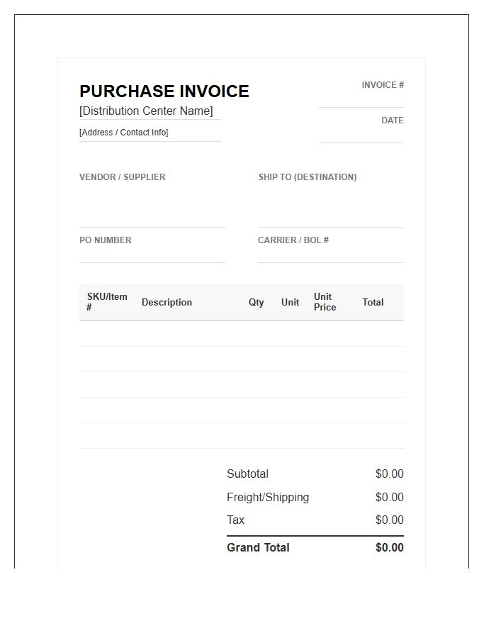Distribution Center Purchase Invoice Template