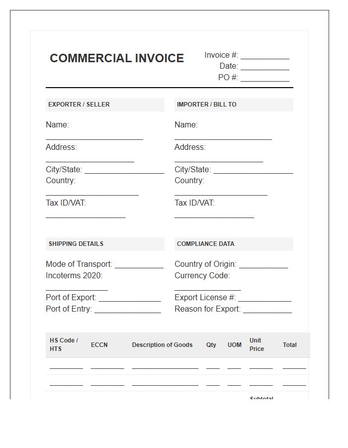 Global Trade Compliance Purchase Invoice Template