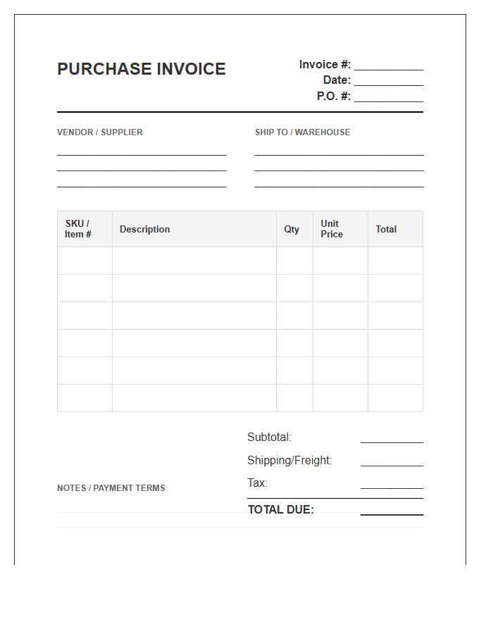 Inventory Procurement Purchase Invoice Template