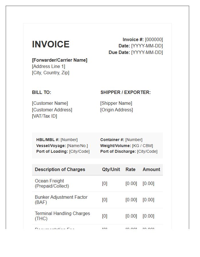 Ocean Freight Purchase Invoice Template