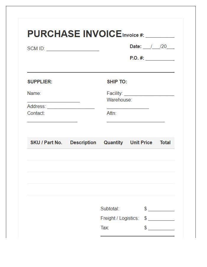 Supply Chain Management Purchase Invoice Template