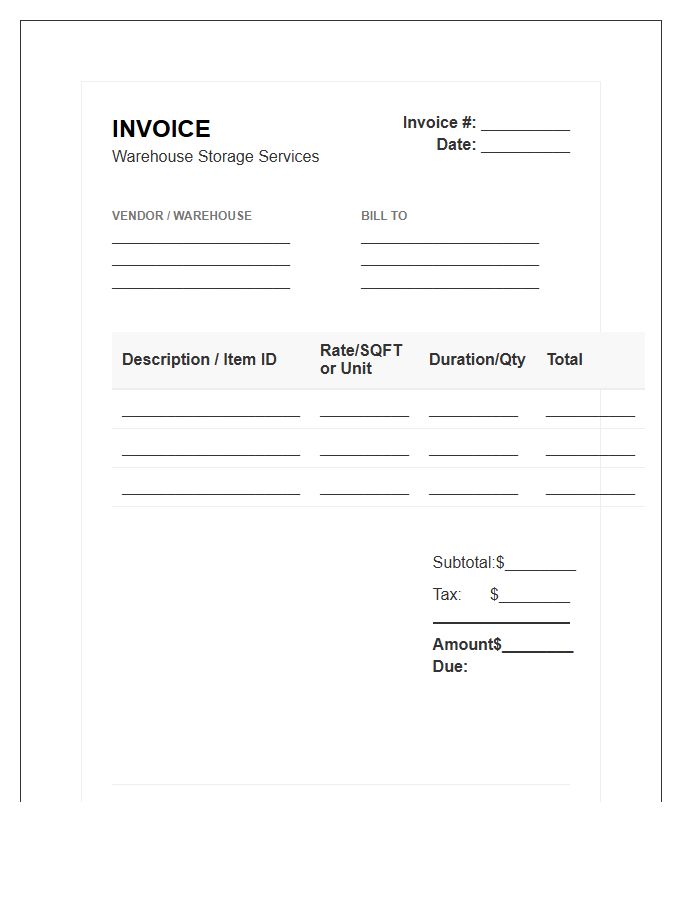 Warehouse Storage Purchase Invoice Template