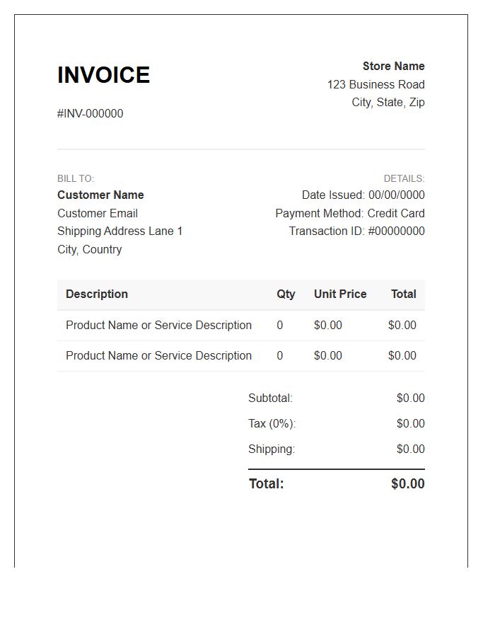 Automated Web Store Invoice Template