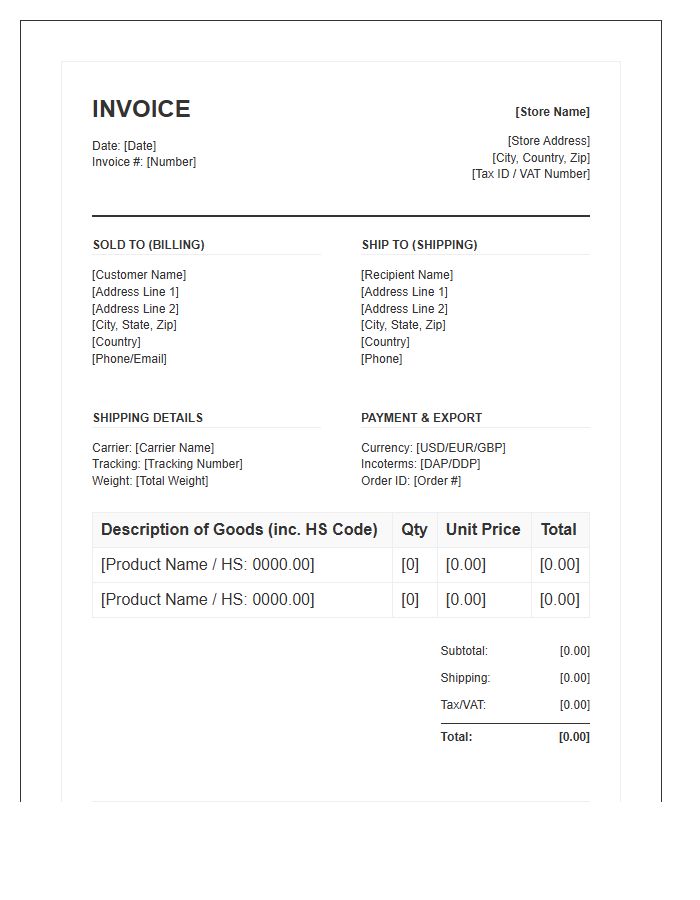 International Ecommerce Shipping Invoice Template