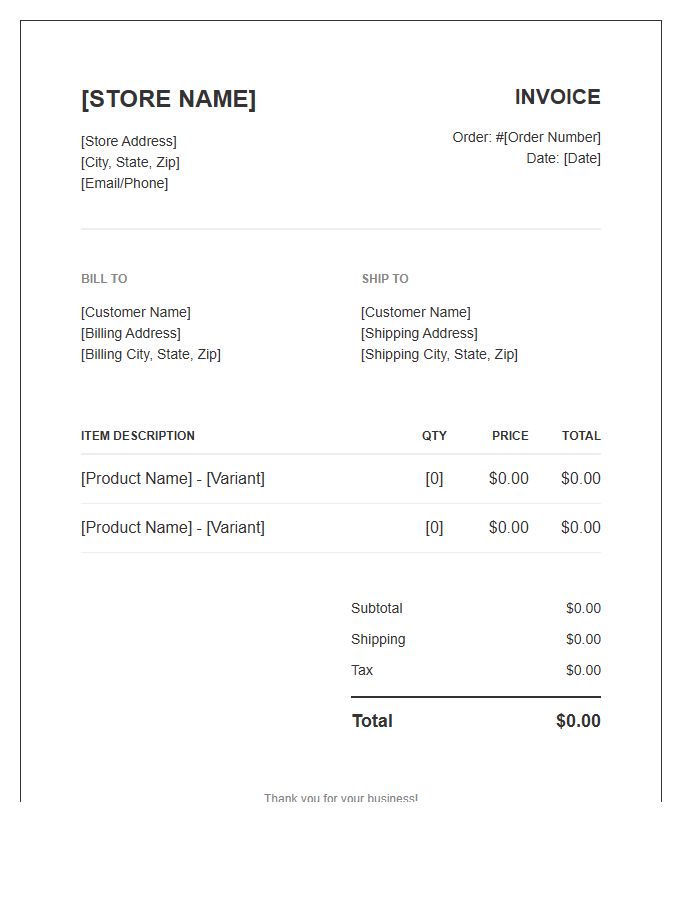 Shopify Store Order Invoice Template
