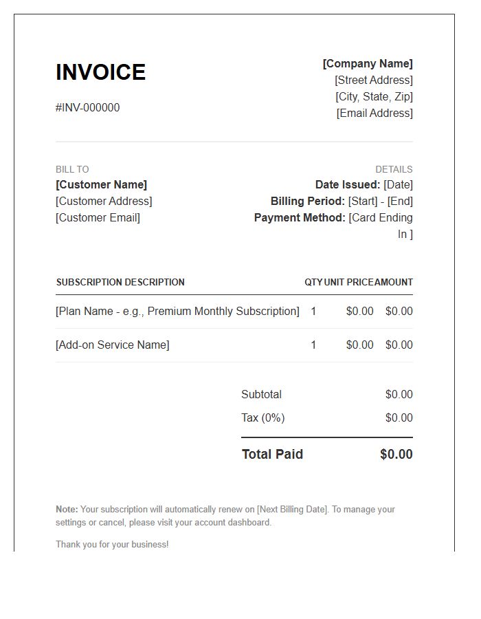 Subscription Service Billing Invoice Template