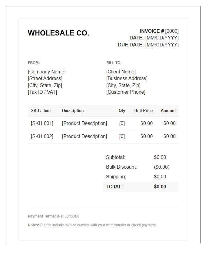 Wholesale Ecommerce Supply Invoice Template