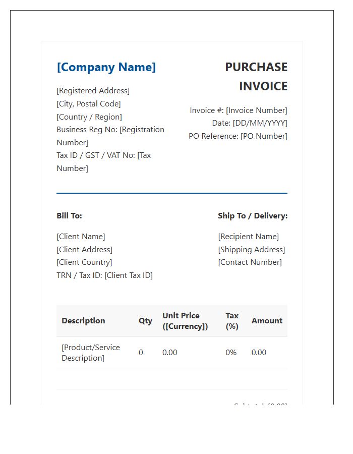 Asia Pacific Region Purchase Invoice Template