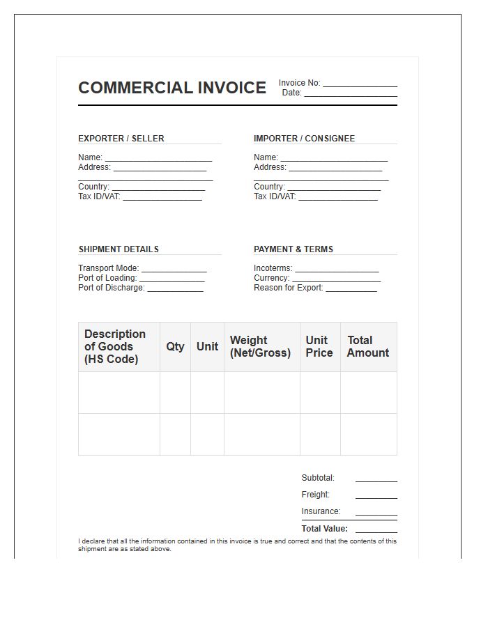 Customs Declaration Purchase Invoice Template