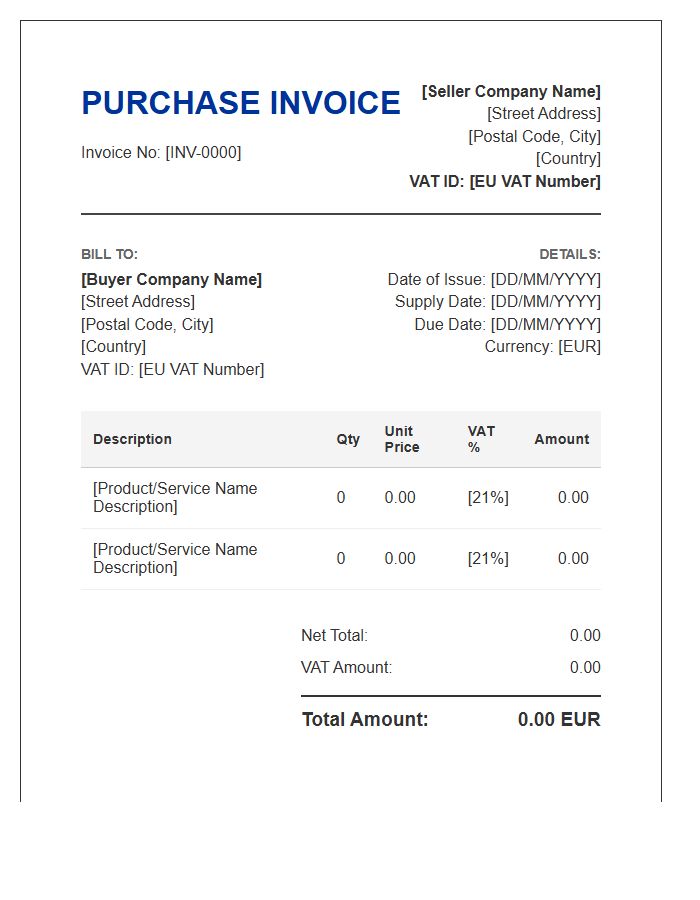 European Union Purchase Invoice Template