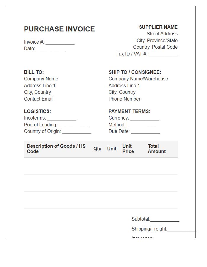 Foreign Supplier Purchase Invoice Template