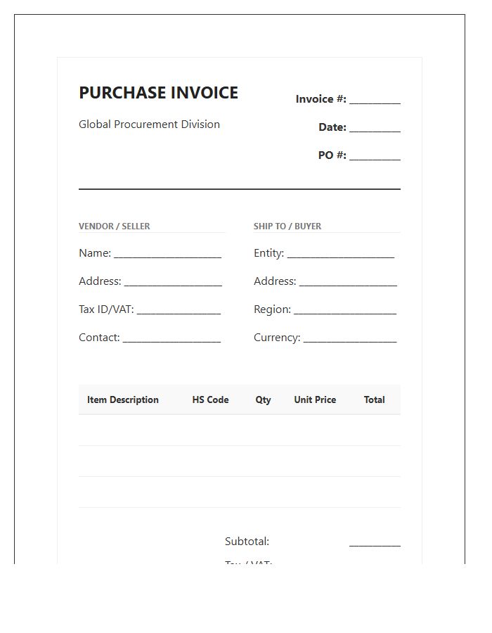 Global Procurement Purchase Invoice Template