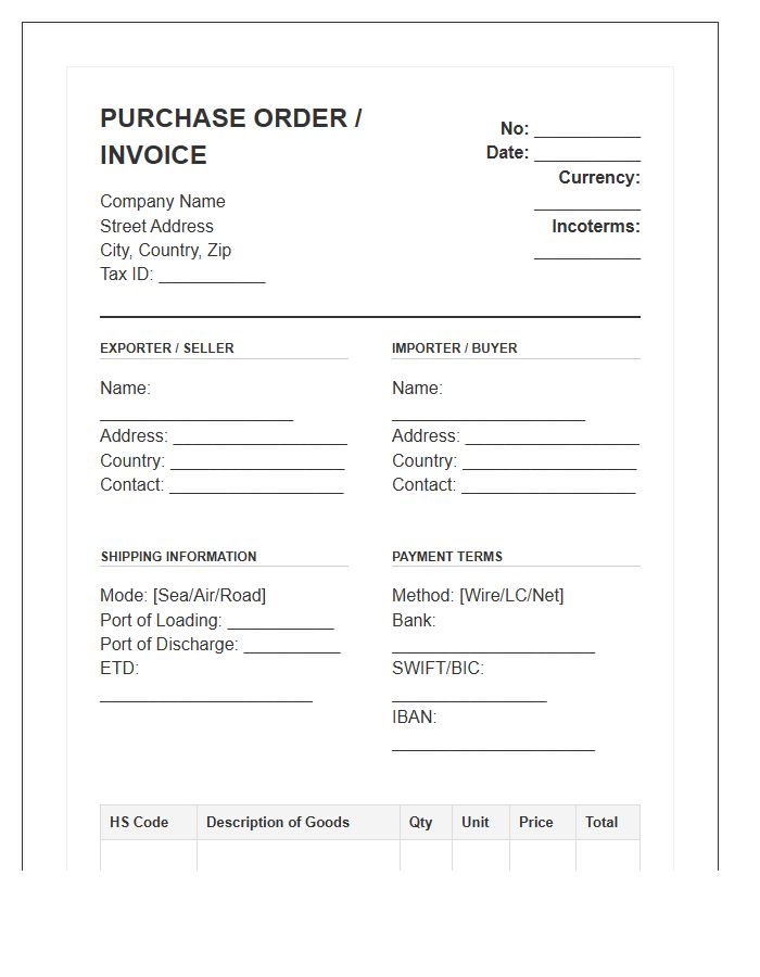 Import Export Purchase Order Invoice Template