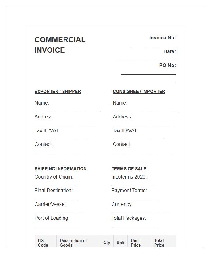 International Commercial Purchase Invoice Template