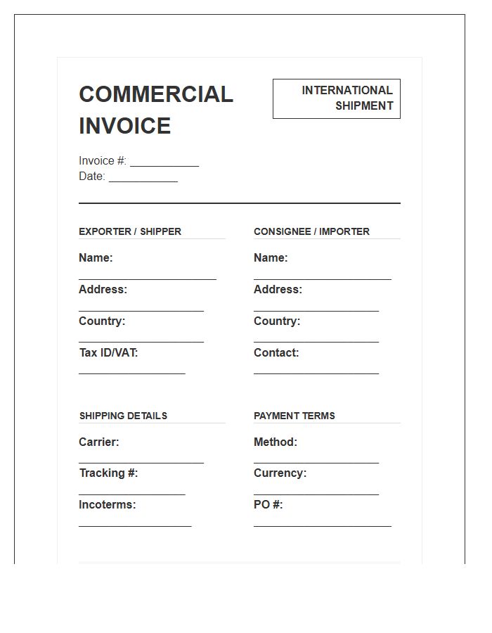 International Shipping Purchase Invoice Template