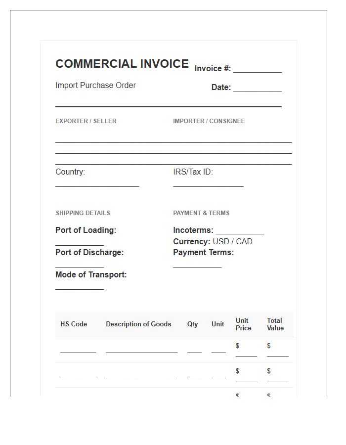 North American Import Purchase Invoice Template