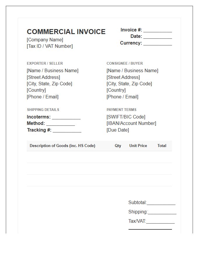 Official International Purchase Invoice Template