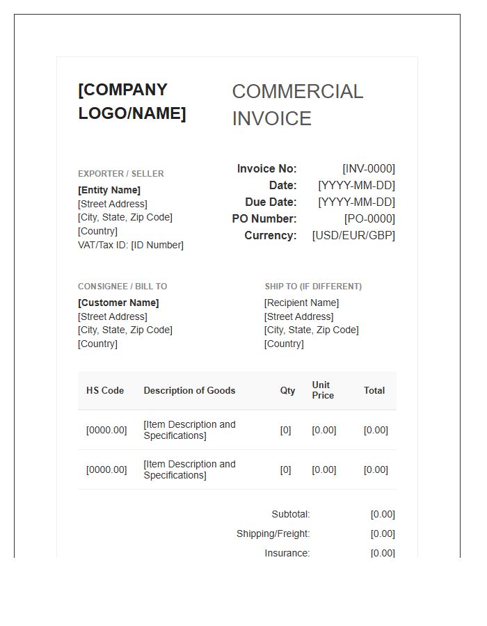 Professional International Purchase Invoice Template