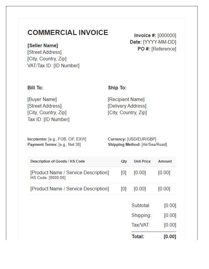 Standard International Purchase Invoice Template